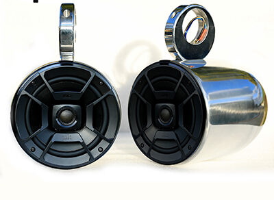 Pair of Single Polished Bullet Speaker Pod Polk DB652 300Watt Marine Speaker Installed